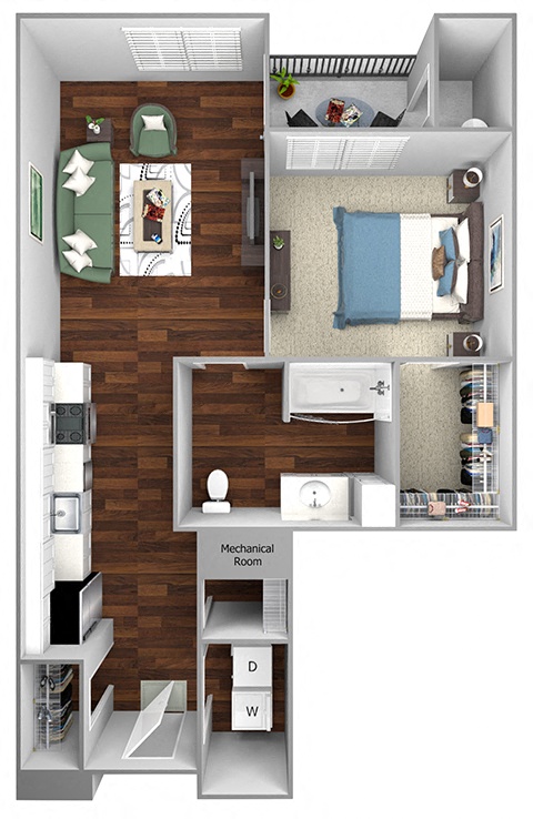 Floor plan for 1 bed, 1 bath, 765 sqft